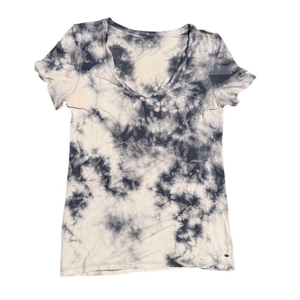 American Eagle Soft & Sexy Blue White Tie Dye V Neck Tee Small